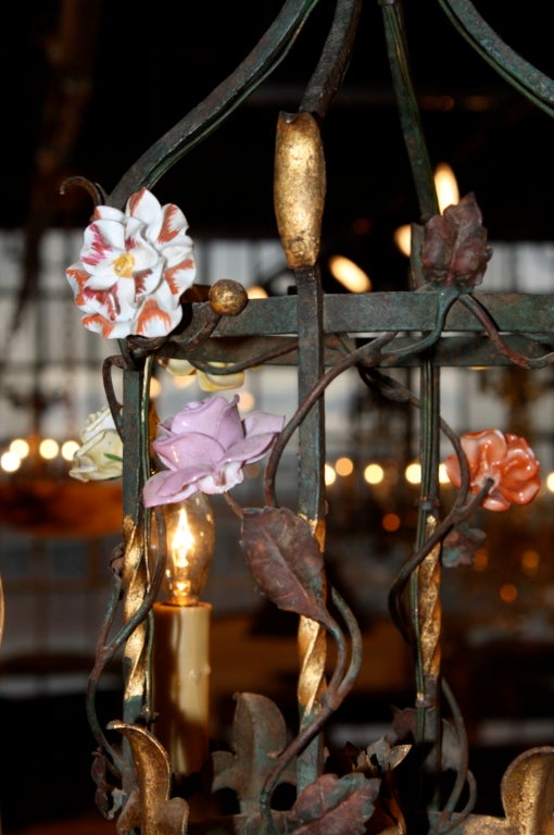 French Iron and Tole Leaf Lantern with Porcelain Flowers For Sale 3