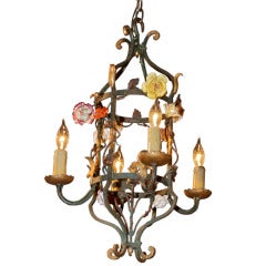 French Iron and Tole Leaf Lantern with Porcelain Flowers 12
