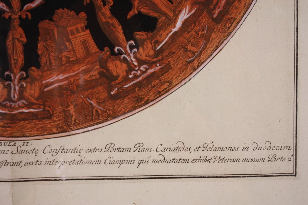 Grabado coloreado a mano del techo de la iglesia de Santa Costanza en marco Italiano en venta