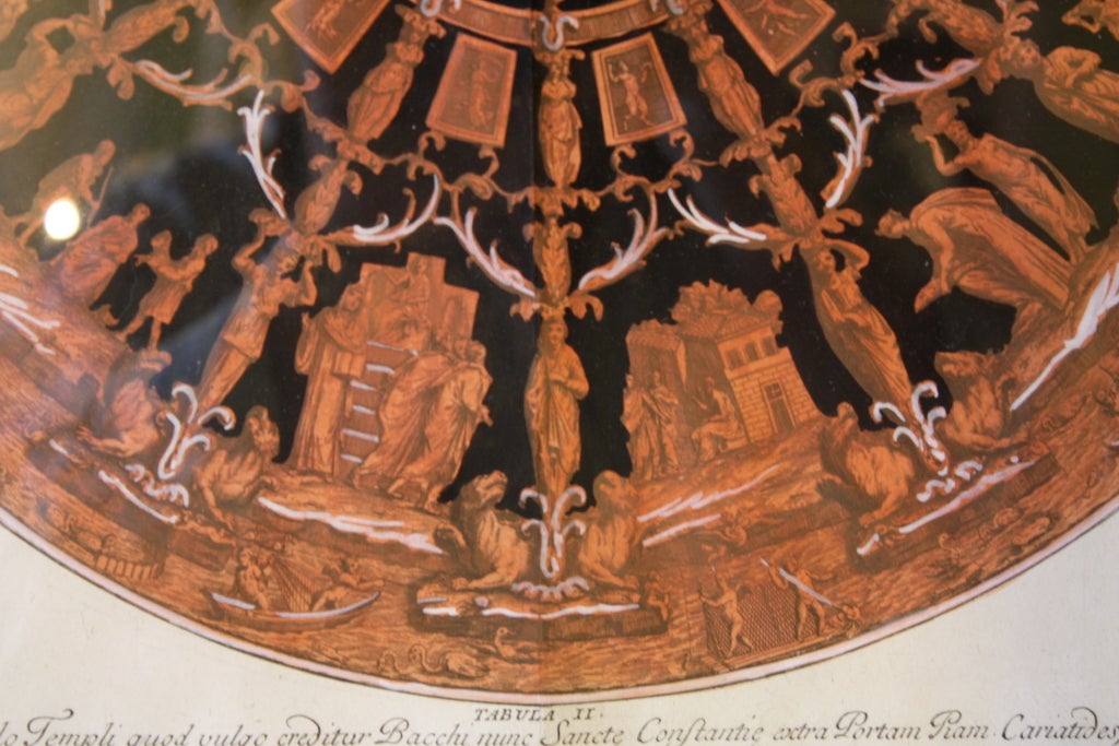 Grabado coloreado a mano del techo de la iglesia de Santa Costanza en marco siglo XVIII y antes en venta