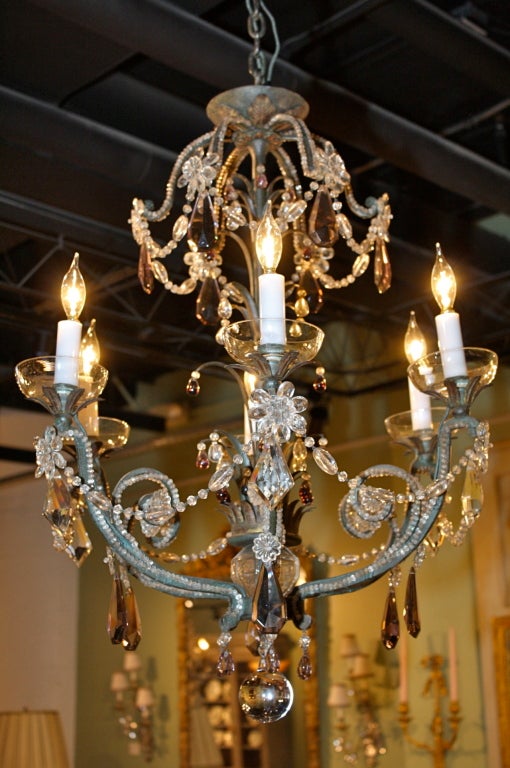 French Pair of Beaded Palmette Form Chandeliers, Attr. Maison Bagues For Sale