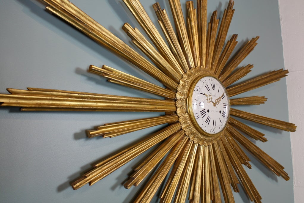 19th Century Large French Giltwood Cartel Sunburst Clock