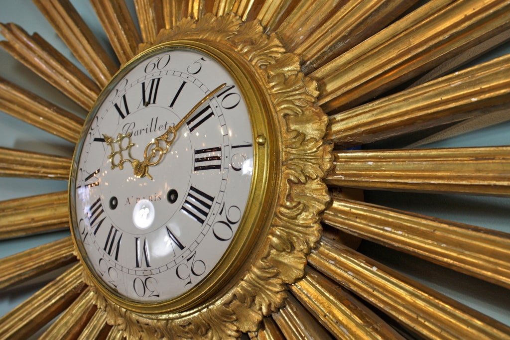 Wood Large French Giltwood Cartel Sunburst Clock