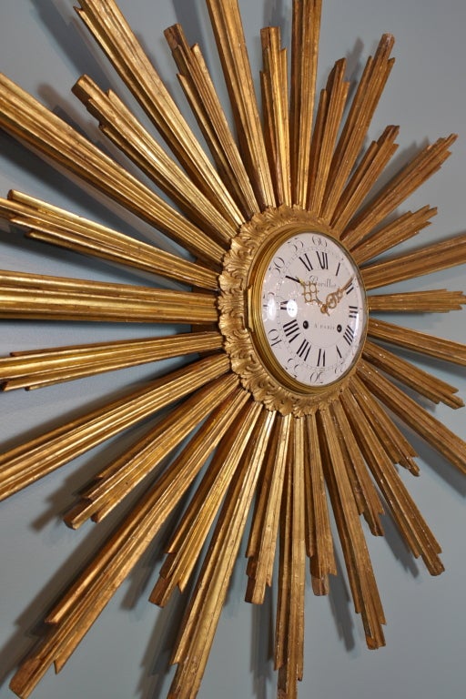 Large French Giltwood Cartel Sunburst Clock 4