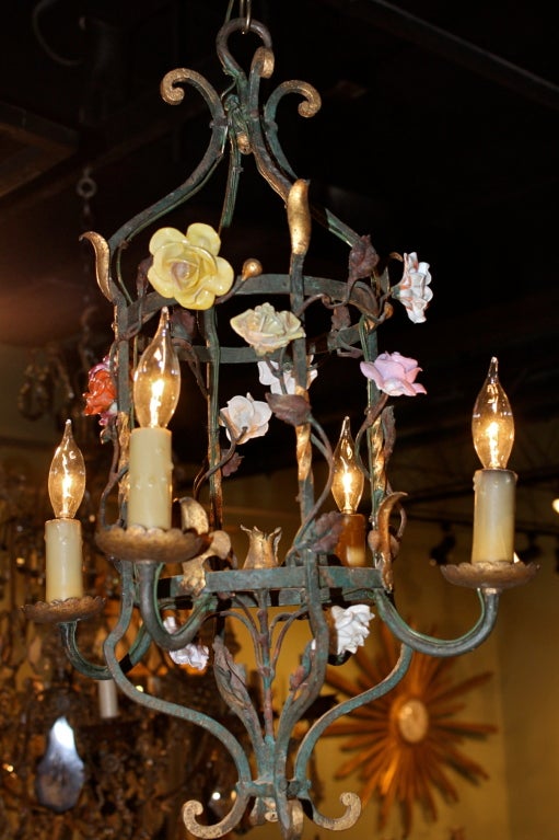 Painted French Iron and Tole Leaf Lantern with Porcelain Flowers For Sale