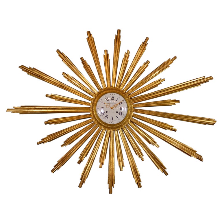 Large French Giltwood Cartel Sunburst Clock