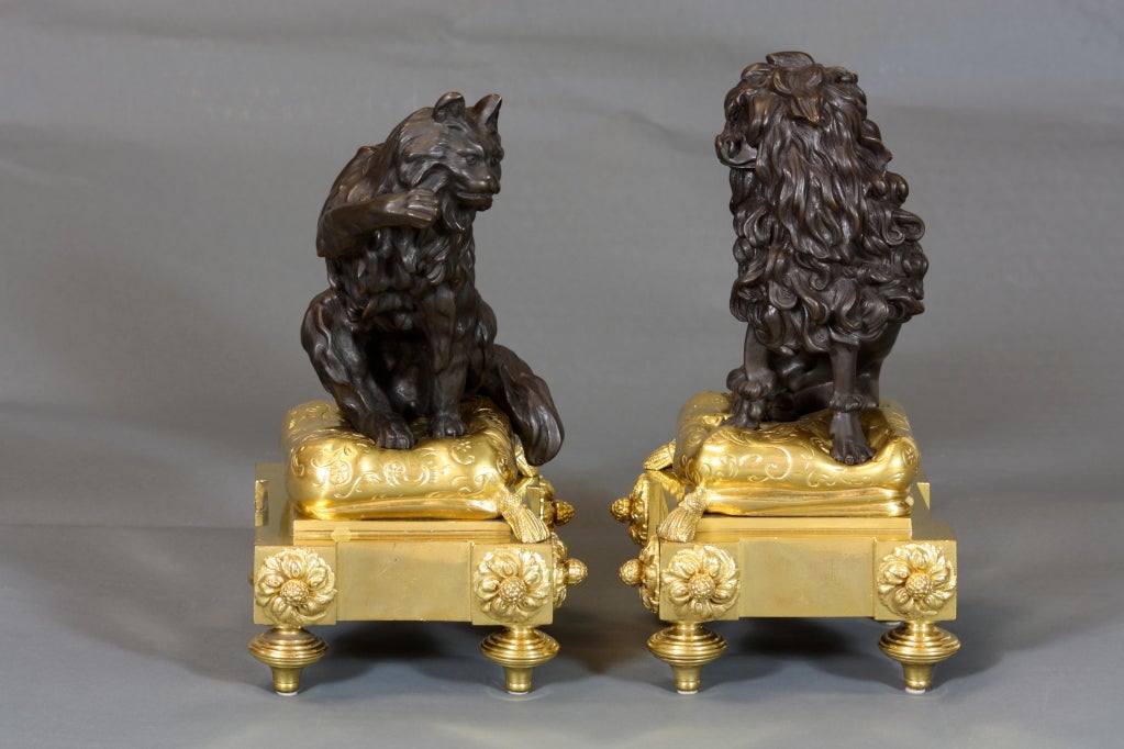 19th Century Pair of French Bronze Dog and Cat Chenets after Caffieri