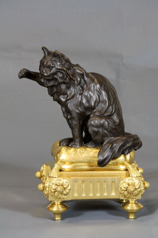 Pair of French Bronze Dog and Cat Chenets after Caffieri 1