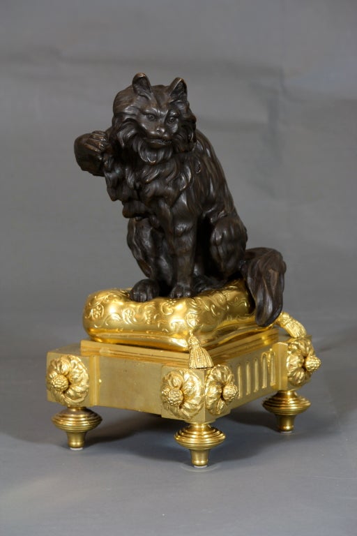 Pair of French Bronze Dog and Cat Chenets after Caffieri 2