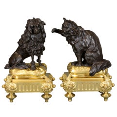 Pair of French Bronze Dog and Cat Chenets after Caffieri
