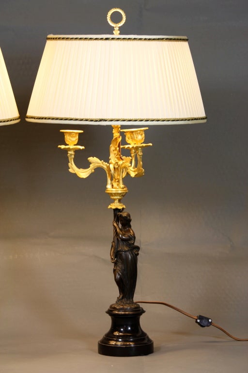 Pair of French Ormolu and Patinated Bronze Caryatid Lamps In Good Condition For Sale In Pembroke, MA