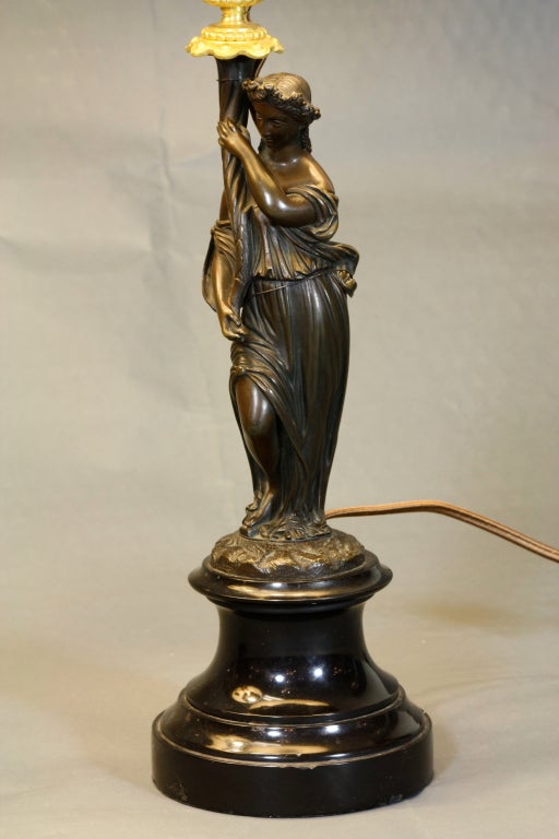 Pair of French Ormolu and Patinated Bronze Caryatid Lamps In Good Condition For Sale In Pembroke, MA