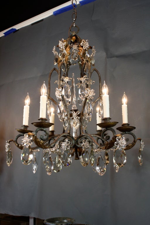 French Bagues Style Iron and Crystal Chandelier