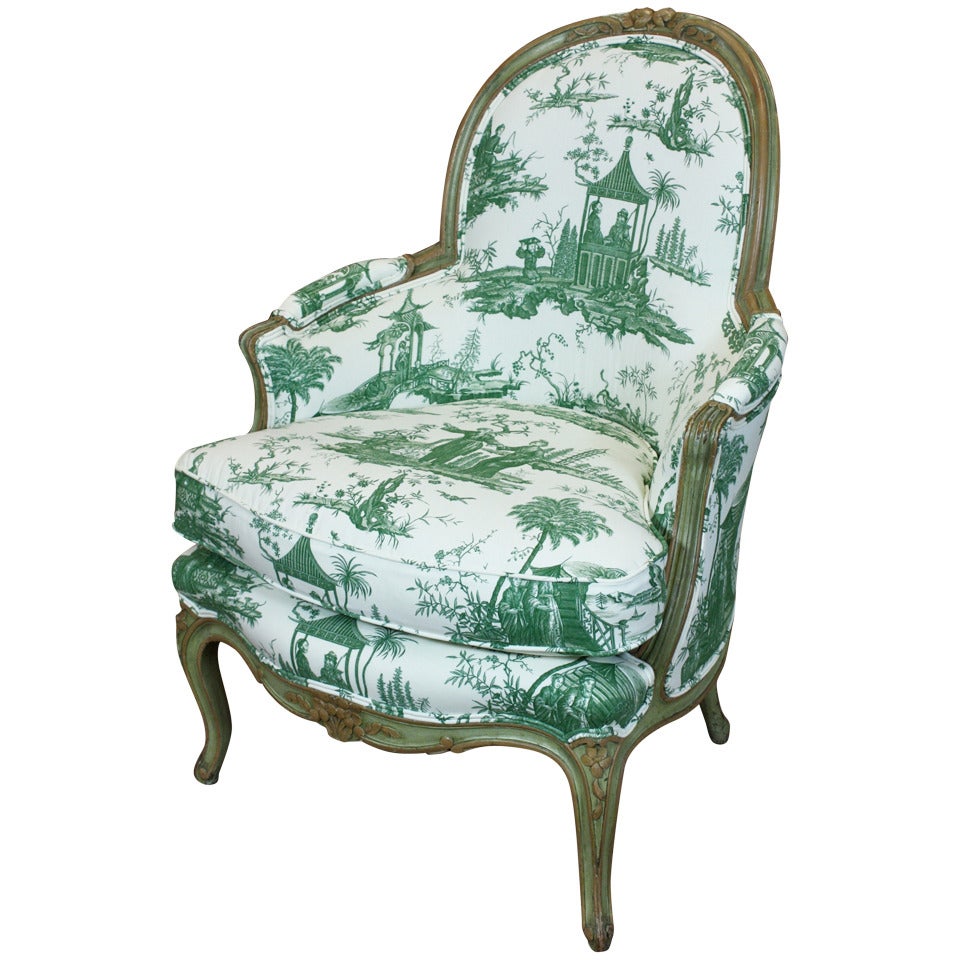 Louis XV Period Bergere in Chinoiserie Toile For Sale
