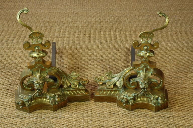 Coppia di androni o chenet francesi in bronzo dorato altamente decorativi, con barre di ferro annesse (1870 circa), a forma di draghi fantasiosi, con bacche foliate, foglie d'acanto e altri ornamenti naturalistici tipici dello stile barocco.