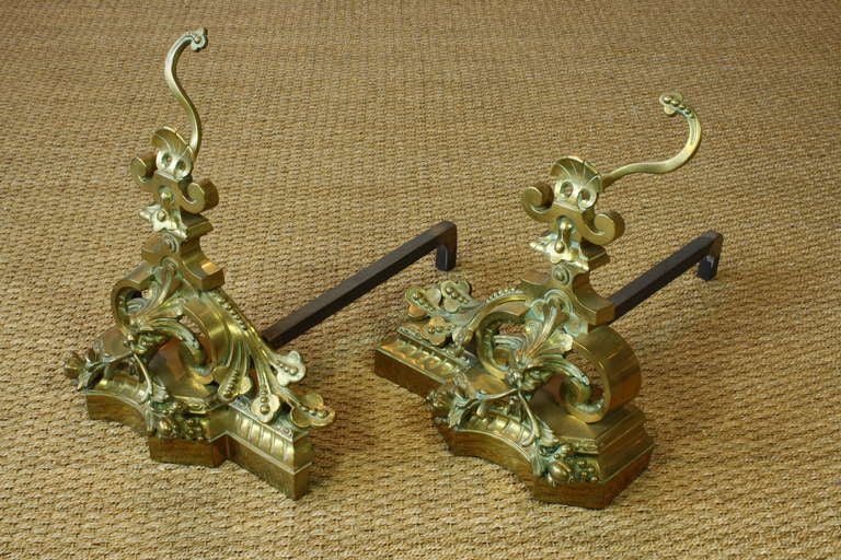 Gilt Pair of French Baroque Style French Dragon Andirons For Sale