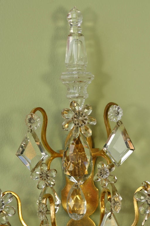 Pair of French Gilt-Bronze and Crystal Sconces In Good Condition In Pembroke, MA