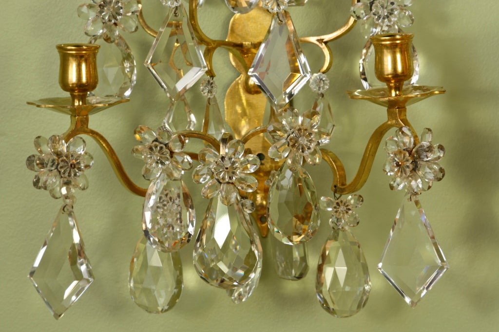 19th Century Pair of French Gilt-Bronze and Crystal Sconces