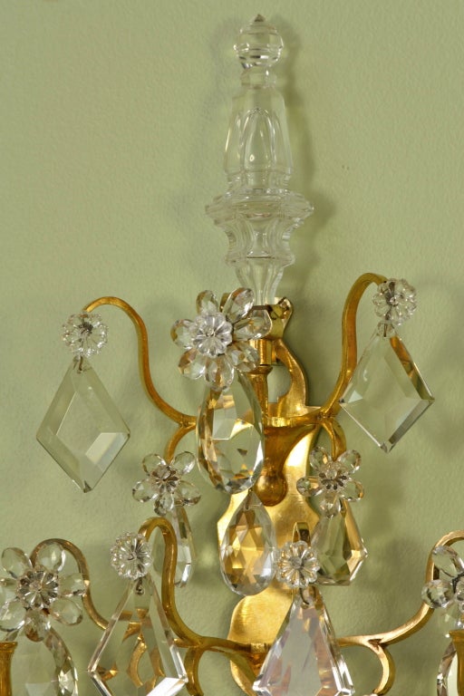 Cut Glass Pair of French Gilt-Bronze and Crystal Sconces