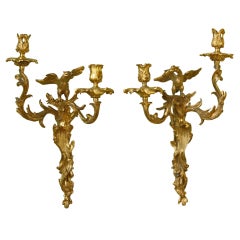 Pair of Gilt-Bronze Rococo Sconces with Birds by Maison Bagues