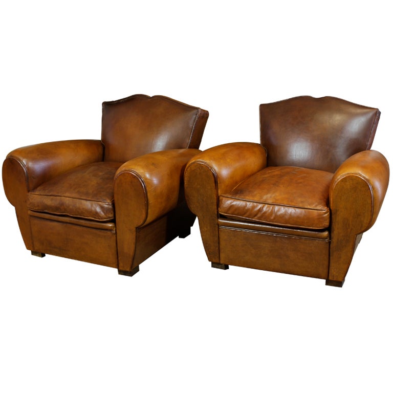 Pair of French Mustache Back Leather Club Chairs