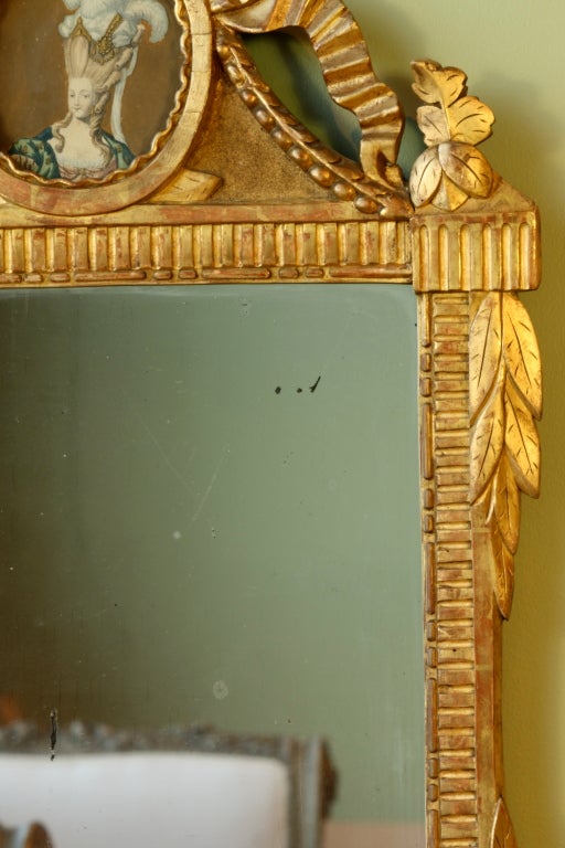 Gouache Louis XVI Period Giltwood Mirror with Marie Antoinette For Sale