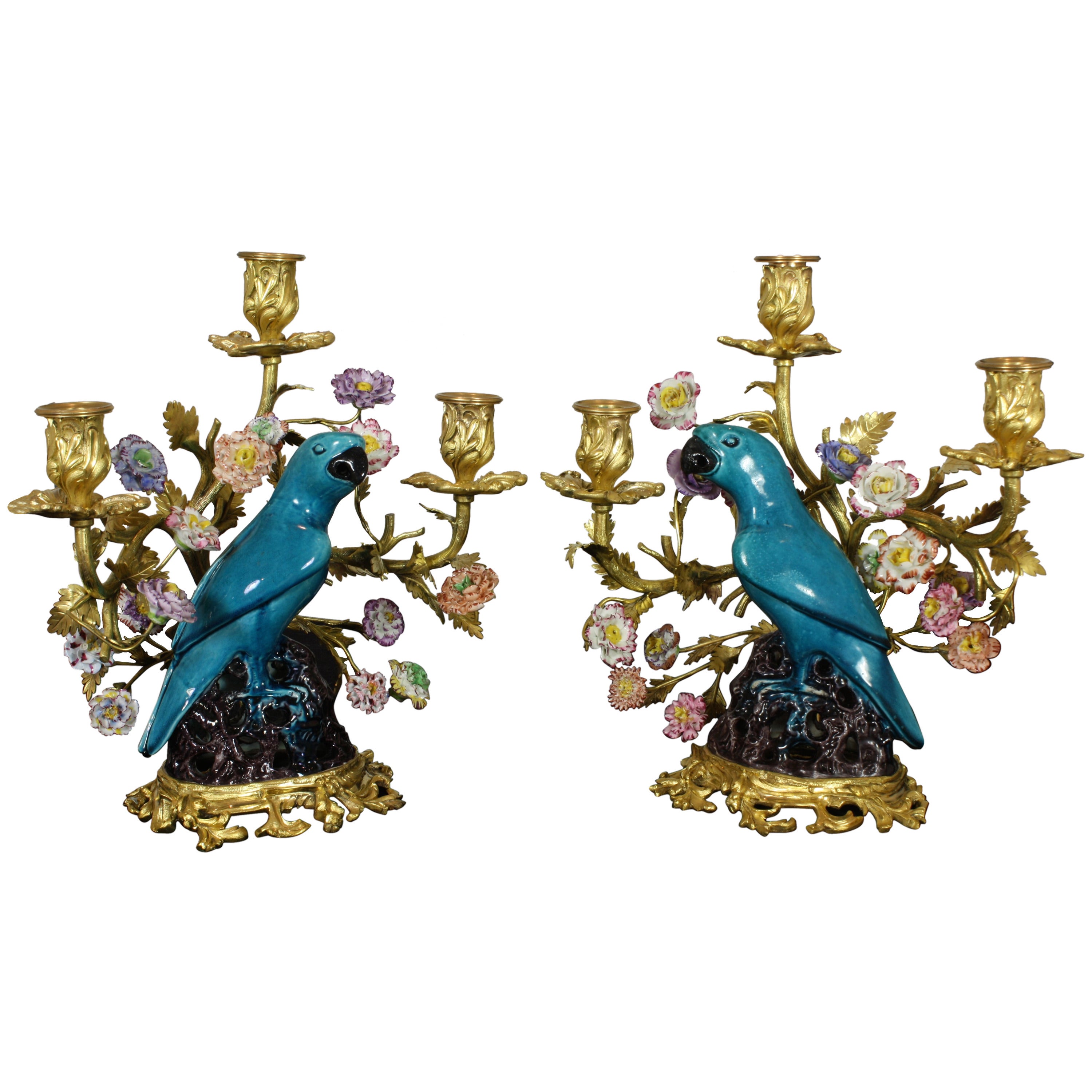 Pair of French Gilt Bronze and Chinese Ceramic Parrot Candelabras