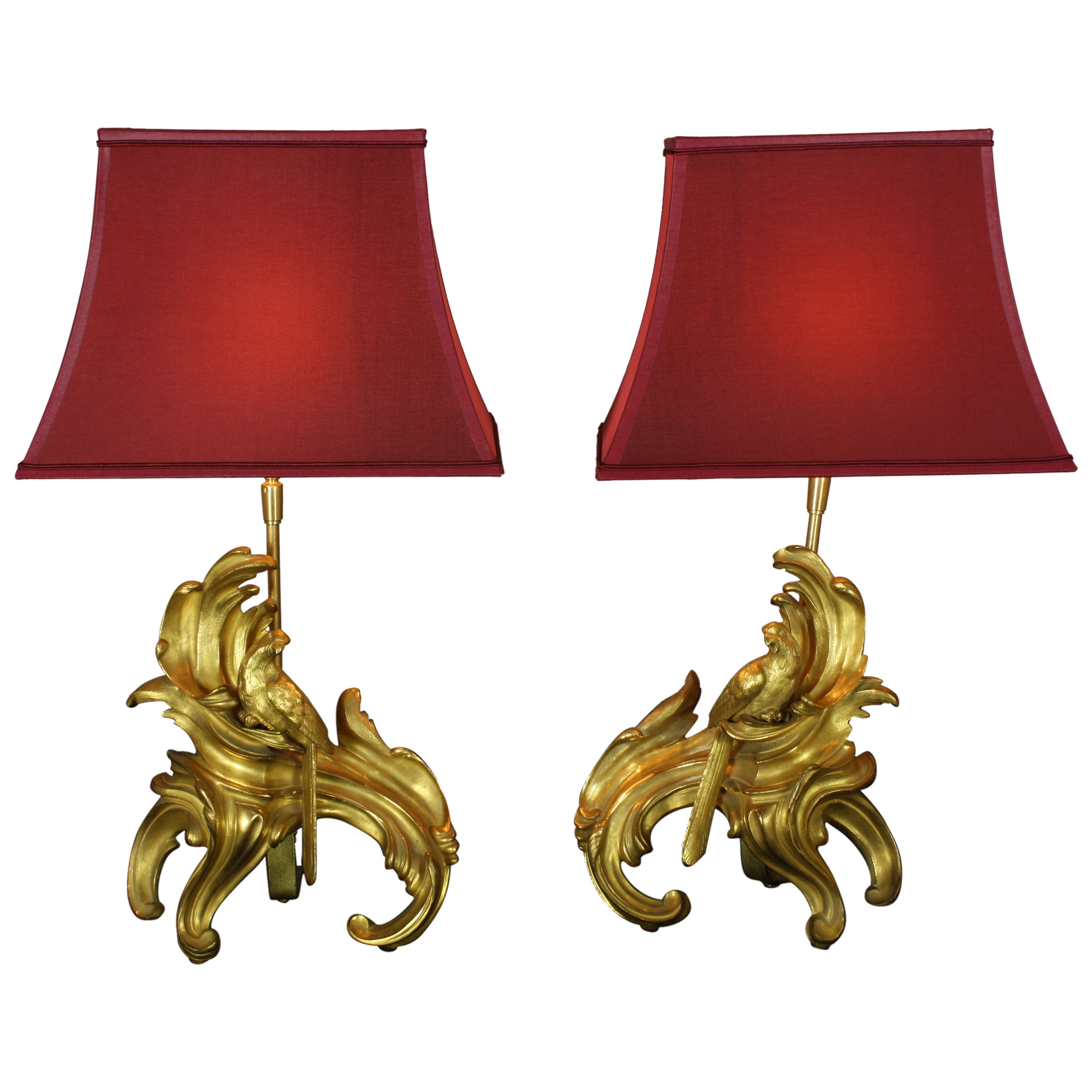 Pair of French Louis XV Style Gilt Bronze Parrot Chenet Lamps For Sale