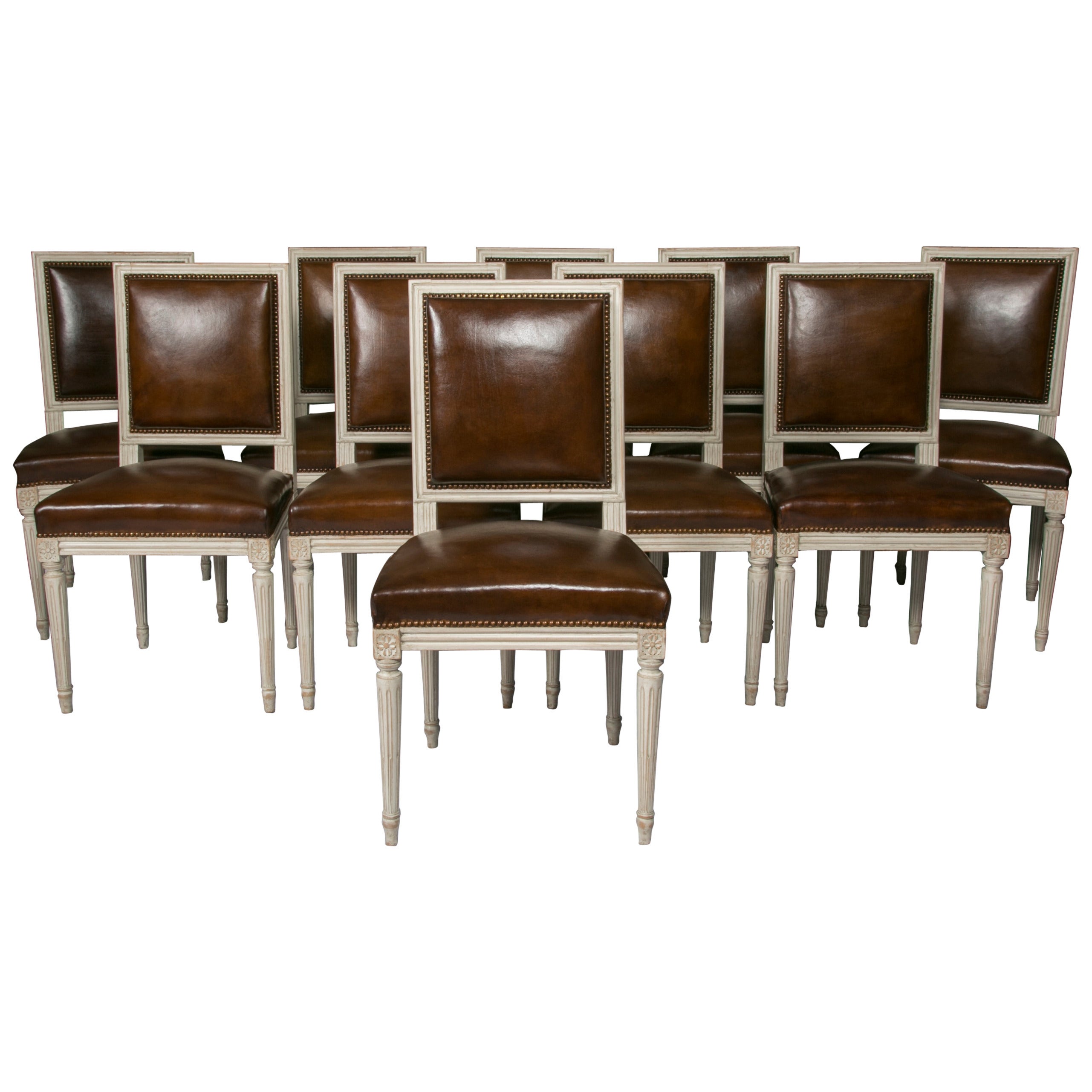 Set of Ten French Louis XVI Style Leather Dining Chairs