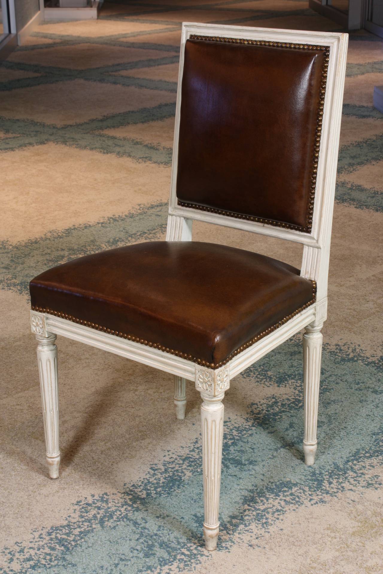 Set of Ten French Louis XVI Style Leather Dining Chairs In Excellent Condition In Pembroke, MA