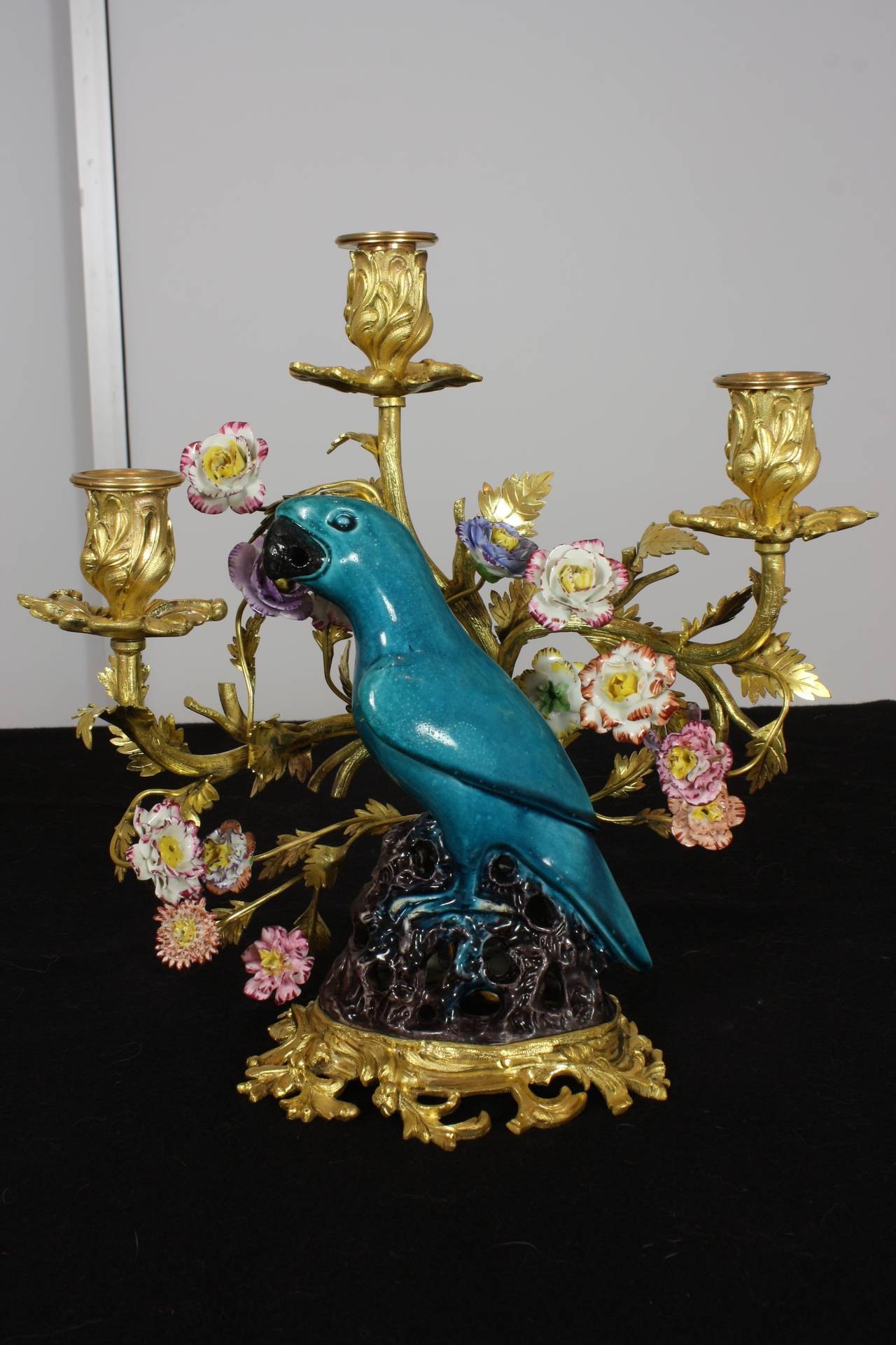 Pair of French Gilt Bronze and Chinese Ceramic Parrot Candelabras In Excellent Condition In Pembroke, MA