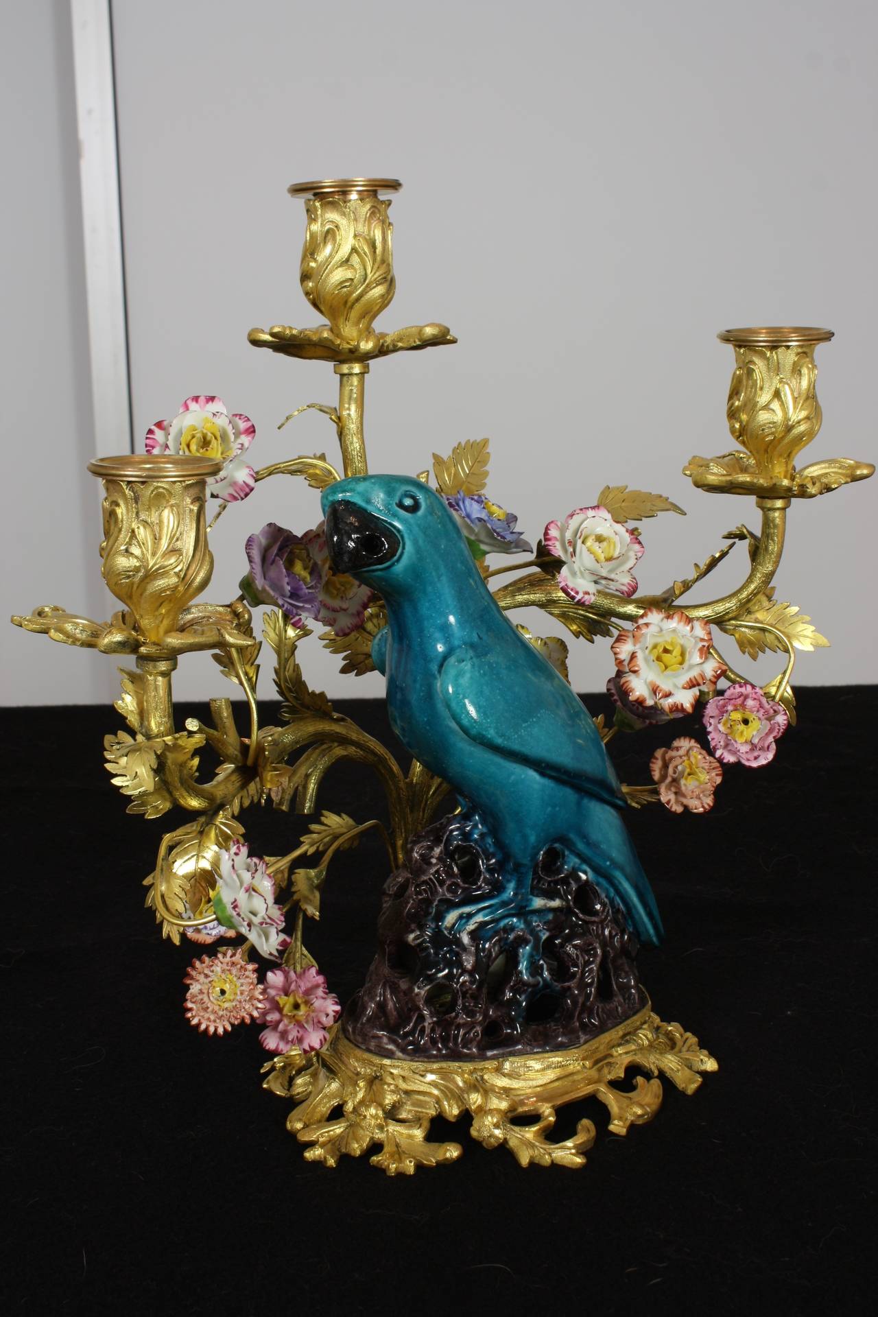 19th Century Pair of French Gilt Bronze and Chinese Ceramic Parrot Candelabras