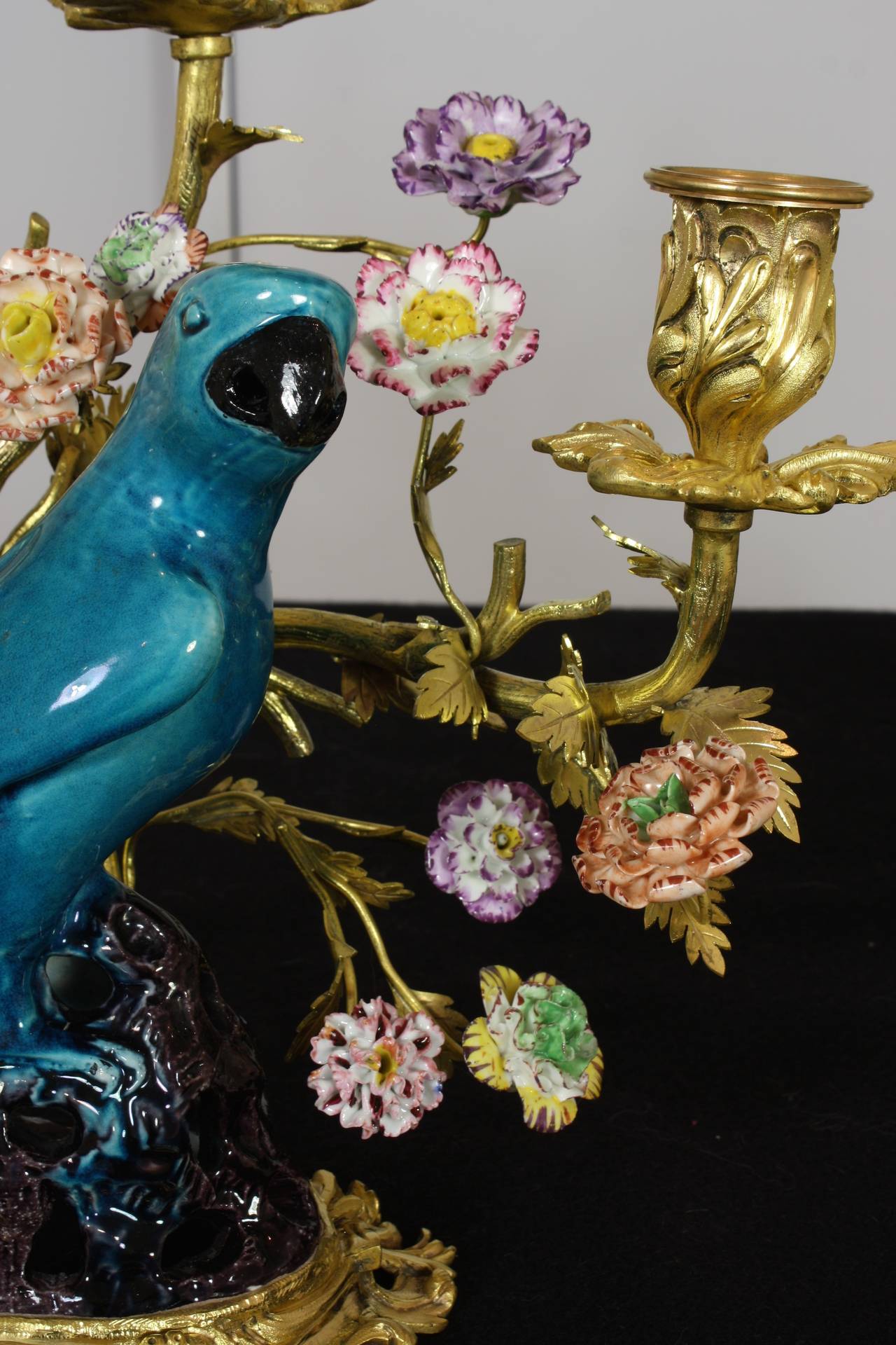 Pair of French Gilt Bronze and Chinese Ceramic Parrot Candelabras 4