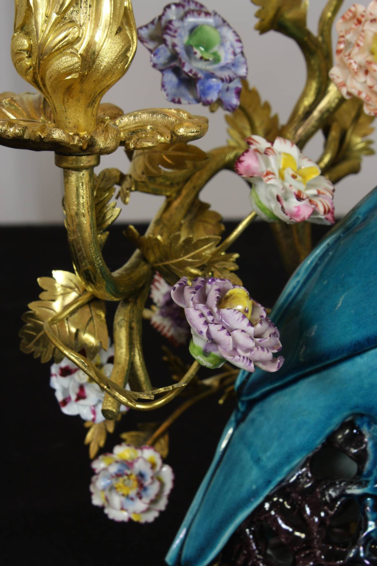 Pair of French Gilt Bronze and Chinese Ceramic Parrot Candelabras 5