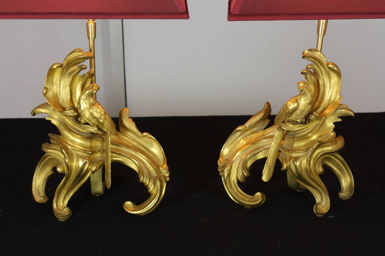 Pair of French Louis XV Style Gilt Bronze Parrot Chenet Lamps For Sale 2