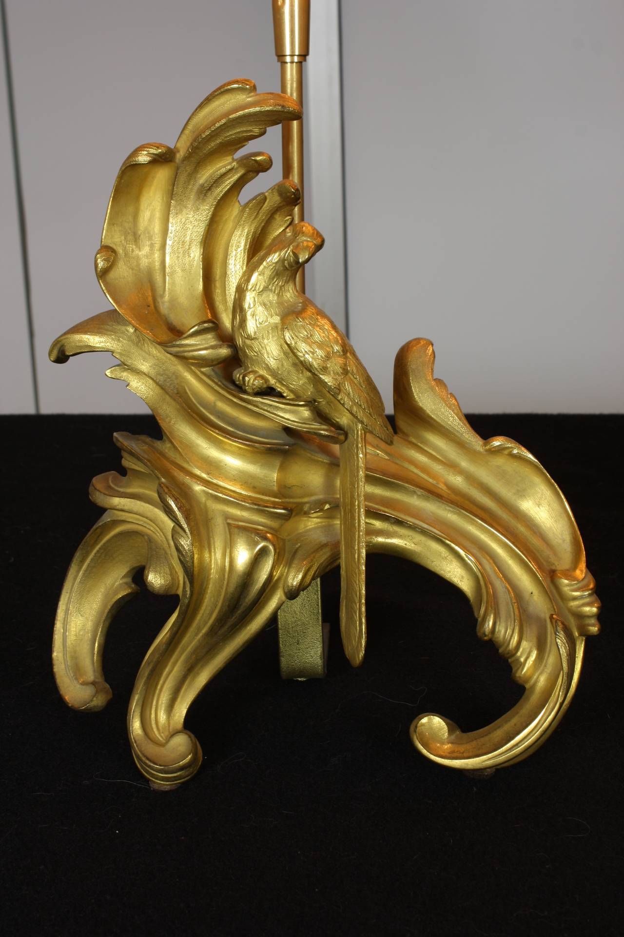 Dorato Coppia di lampade Chenet a pappagallo in bronzo dorato in stile Luigi XV francese in vendita