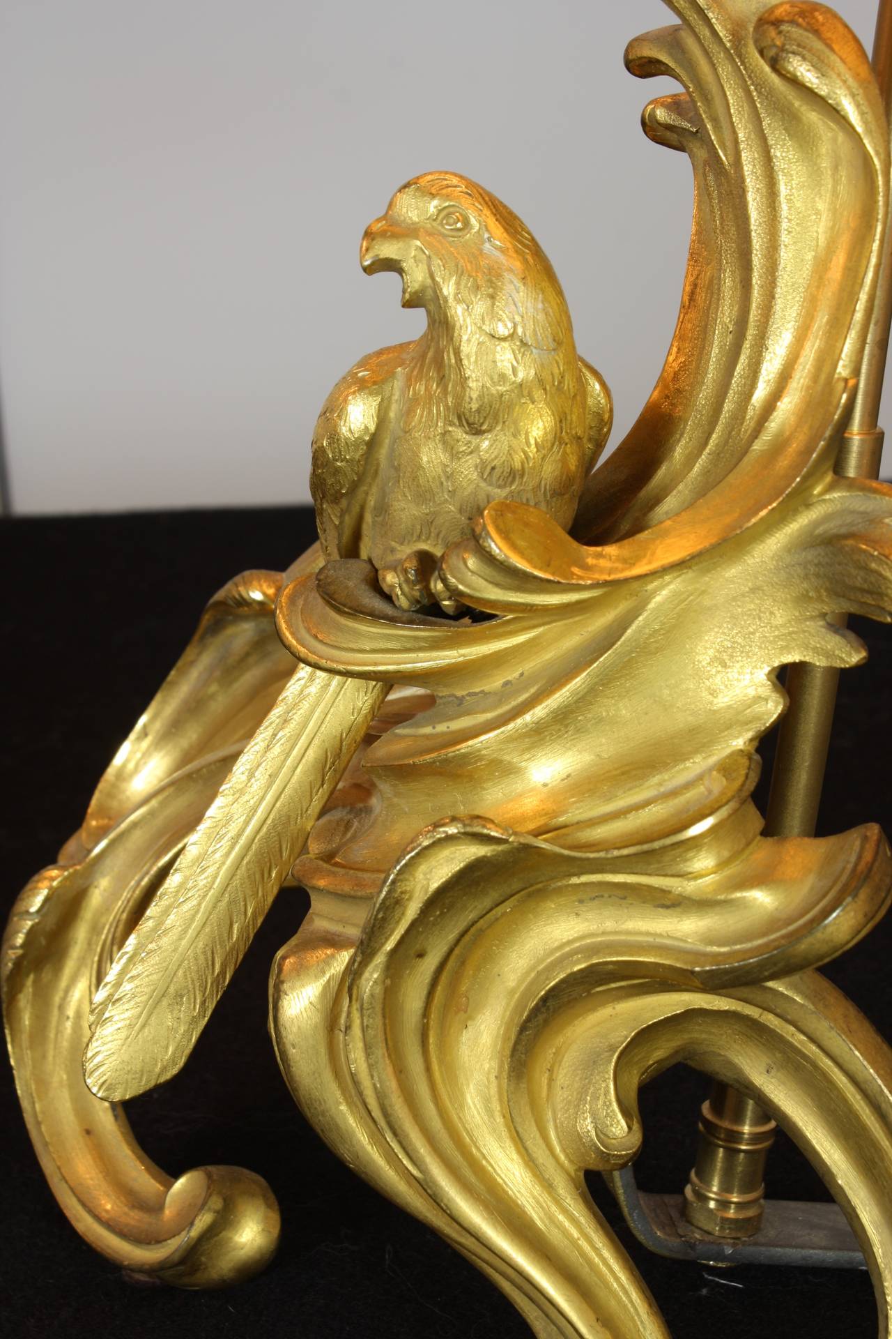 Pair of French Louis XV Style Gilt Bronze Parrot Chenet Lamps For Sale 6