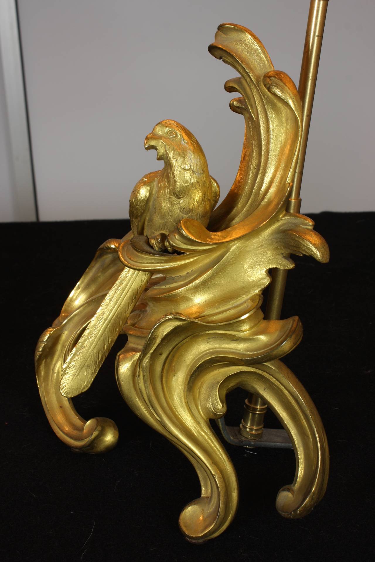 Pair of French Louis XV Style Gilt Bronze Parrot Chenet Lamps For Sale 4