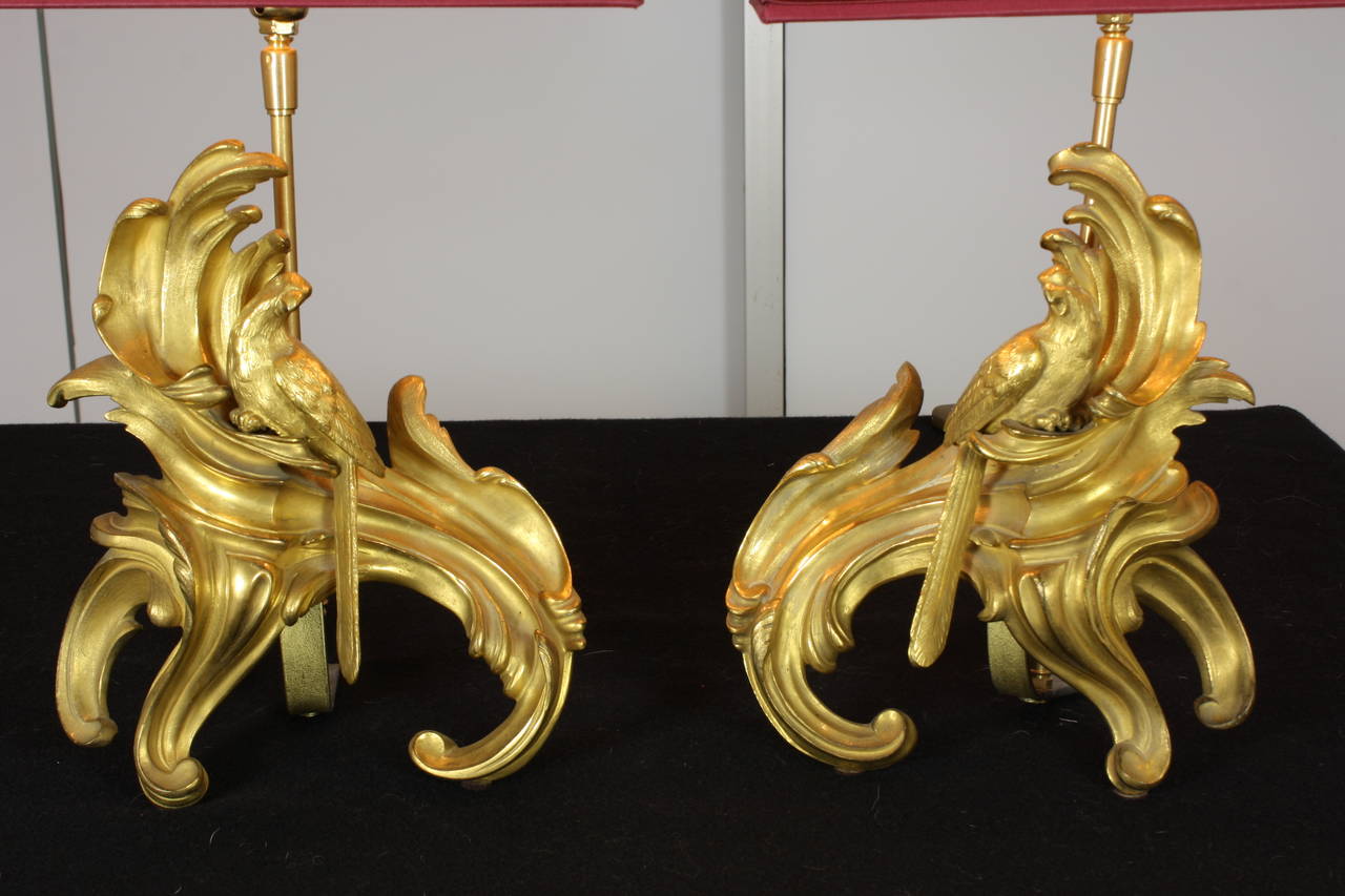 Pair of French Louis XV Style Gilt Bronze Parrot Chenet Lamps In Excellent Condition For Sale In Pembroke, MA