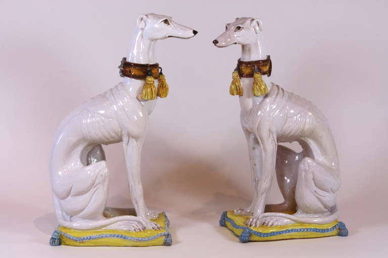 Neoclassical Pair of Italian Ceramic Greyhounds Seated on Cushions