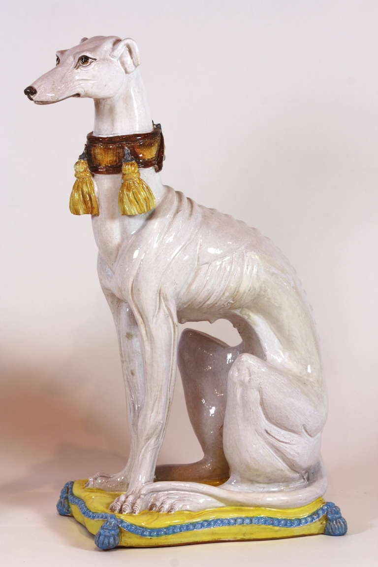Pair of Italian Ceramic Greyhounds Seated on Cushions In Good Condition In Pembroke, MA