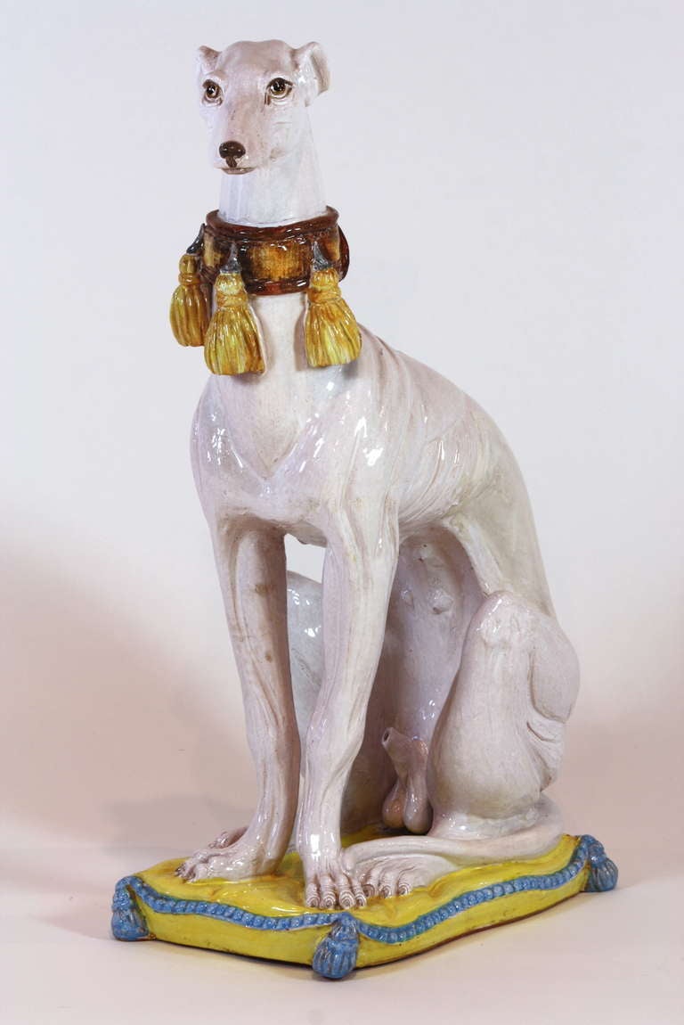 Mid-20th Century Pair of Italian Ceramic Greyhounds Seated on Cushions