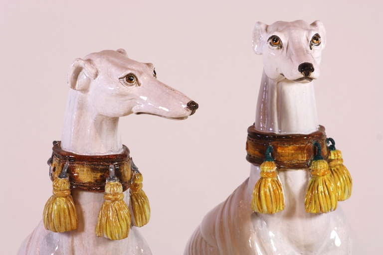 Pair of Italian Ceramic Greyhounds Seated on Cushions 1