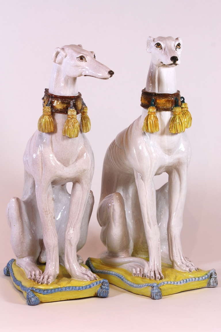 Pair of Italian Ceramic Greyhounds Seated on Cushions 2