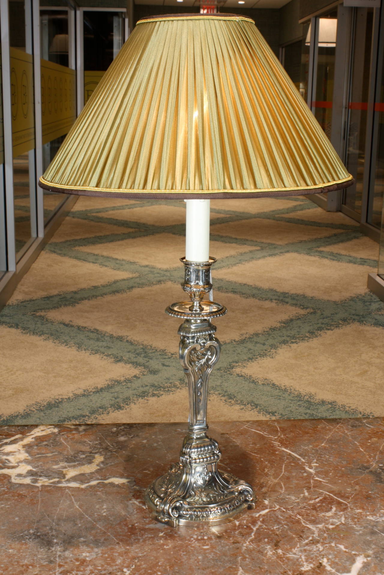 Louis XVI Christofle Silvered Candlestick Lamp in the Baroque Style For Sale