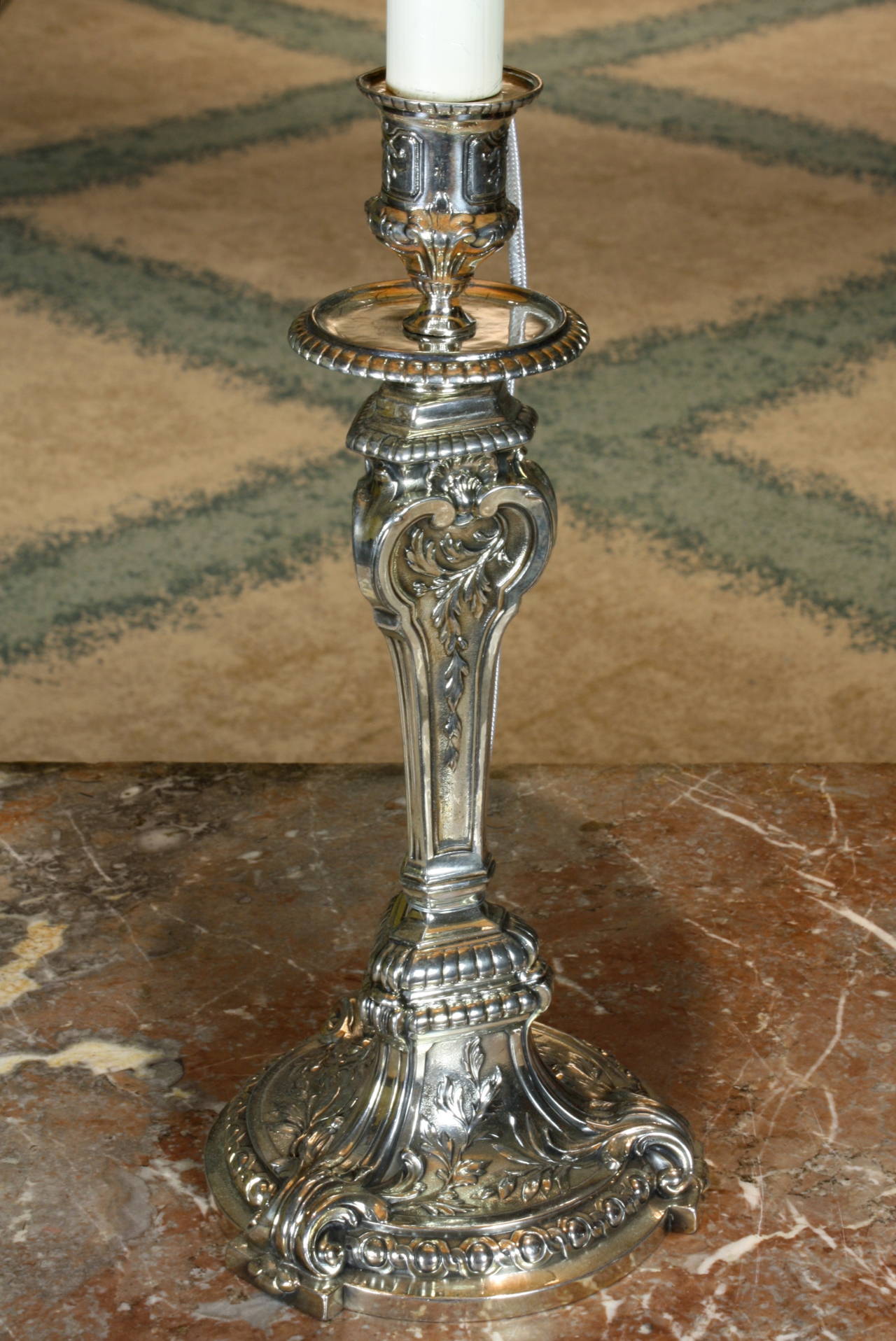French Christofle Silvered Candlestick Lamp in the Baroque Style For Sale