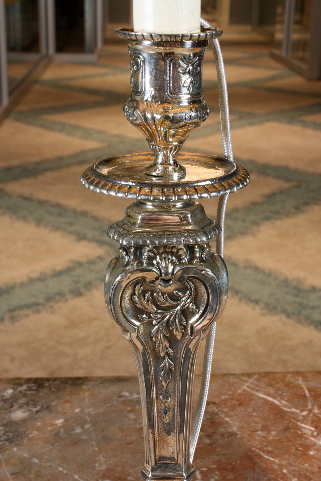 Christofle Silvered Candlestick Lamp in the Baroque Style For Sale 1