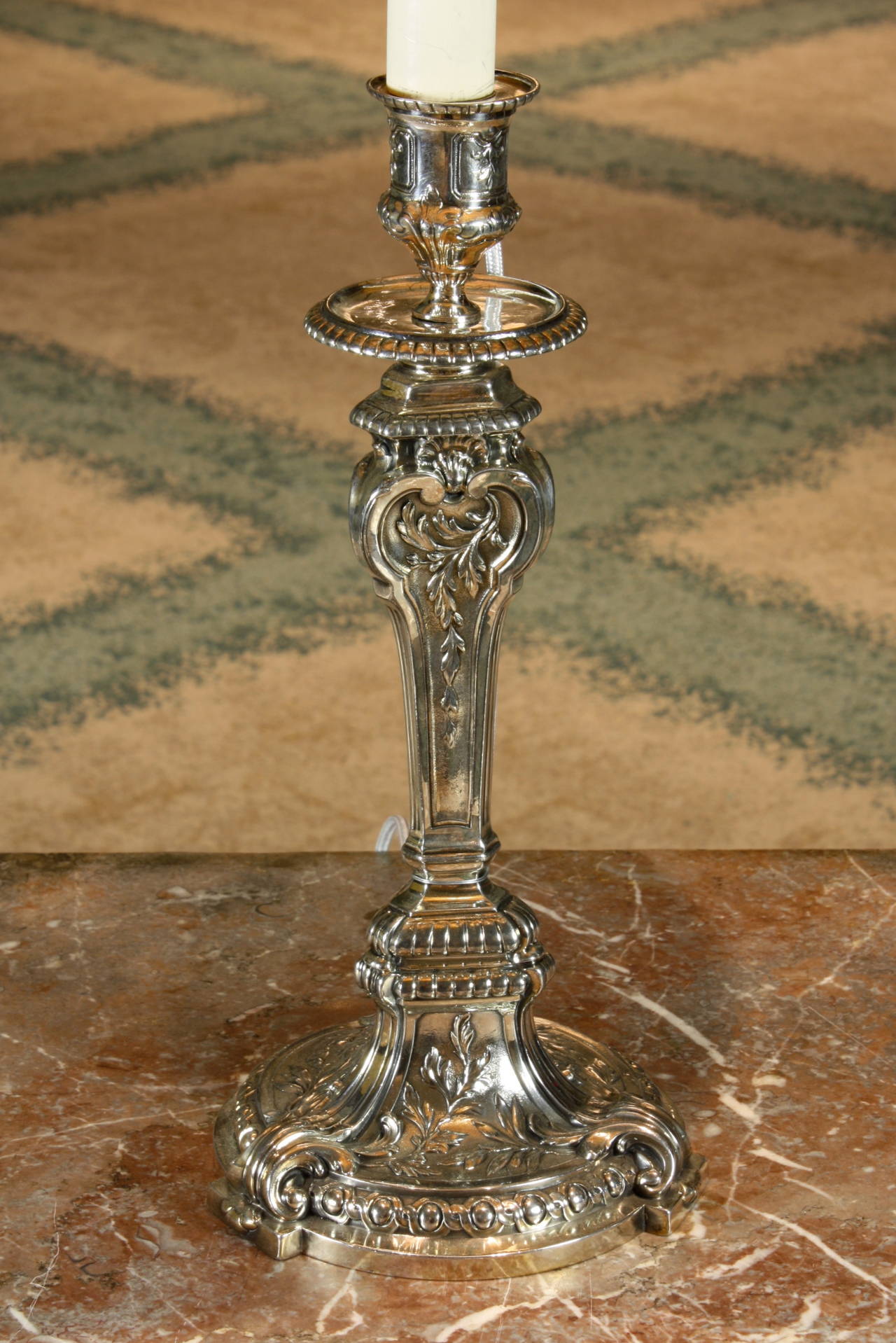 Silk Christofle Silvered Candlestick Lamp in the Baroque Style For Sale