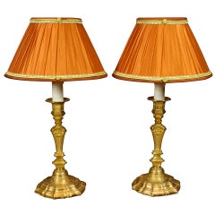 Pair of French Gilt Bronze Candlestick Lamps