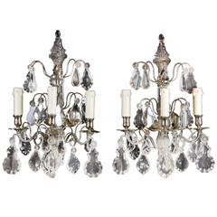 Pair of French Silvered-Bronze and Crystal Sconces